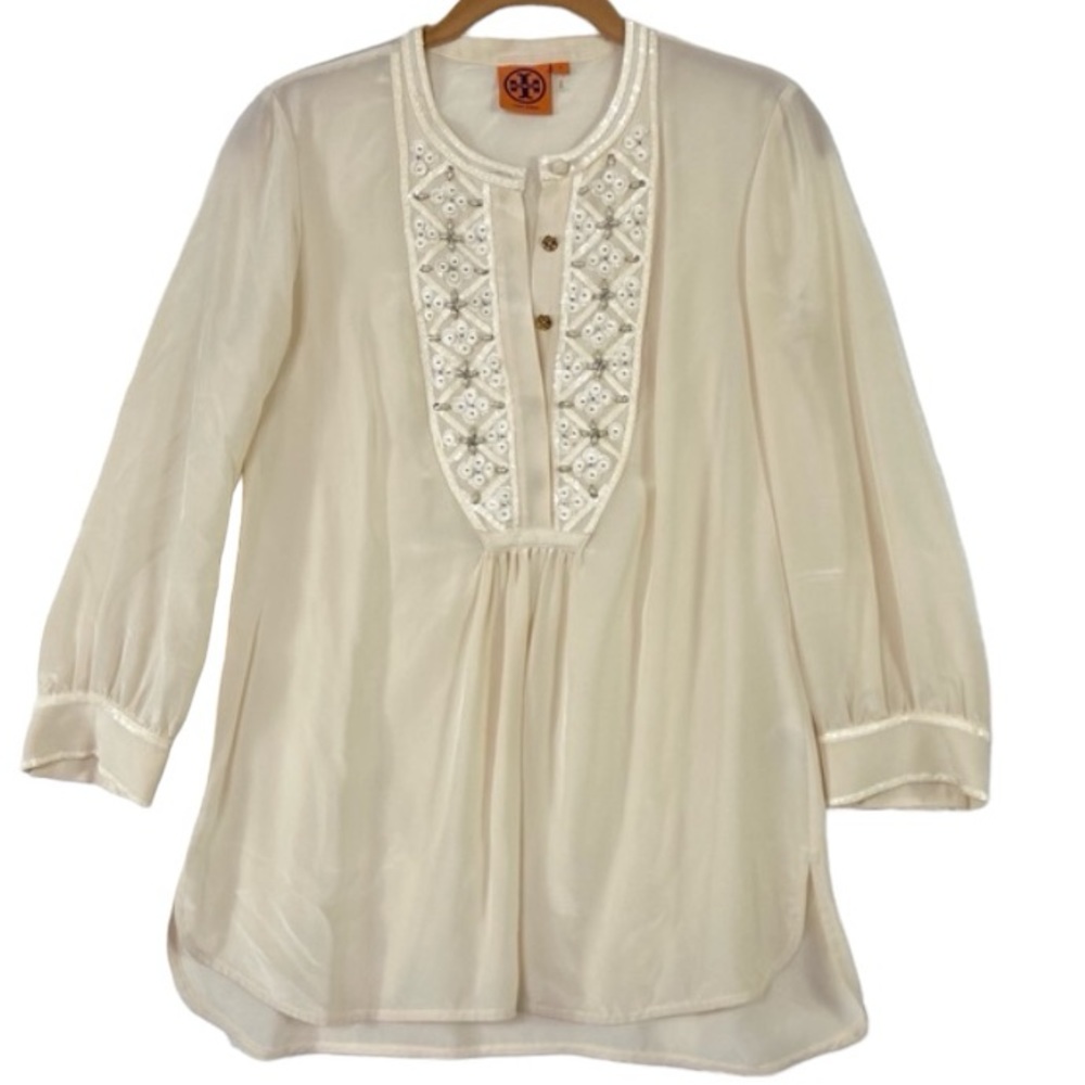 Tory Burch cream silk sequined beaded sheer top. Size 4